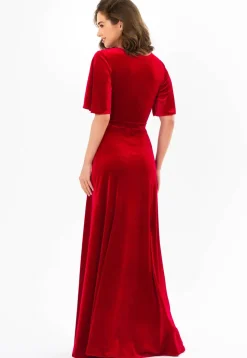 Embroidered Velvet Gown in Red