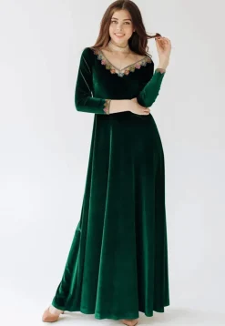 Embroidered Velvet Gown in Dark Green