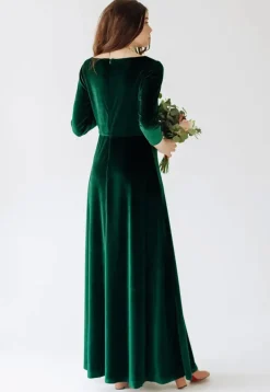 Embroidered Velvet Gown in Dark Green