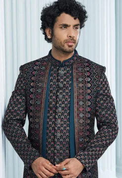 Embroidered Velvet Jacket Style Sherwani in Teal Blue