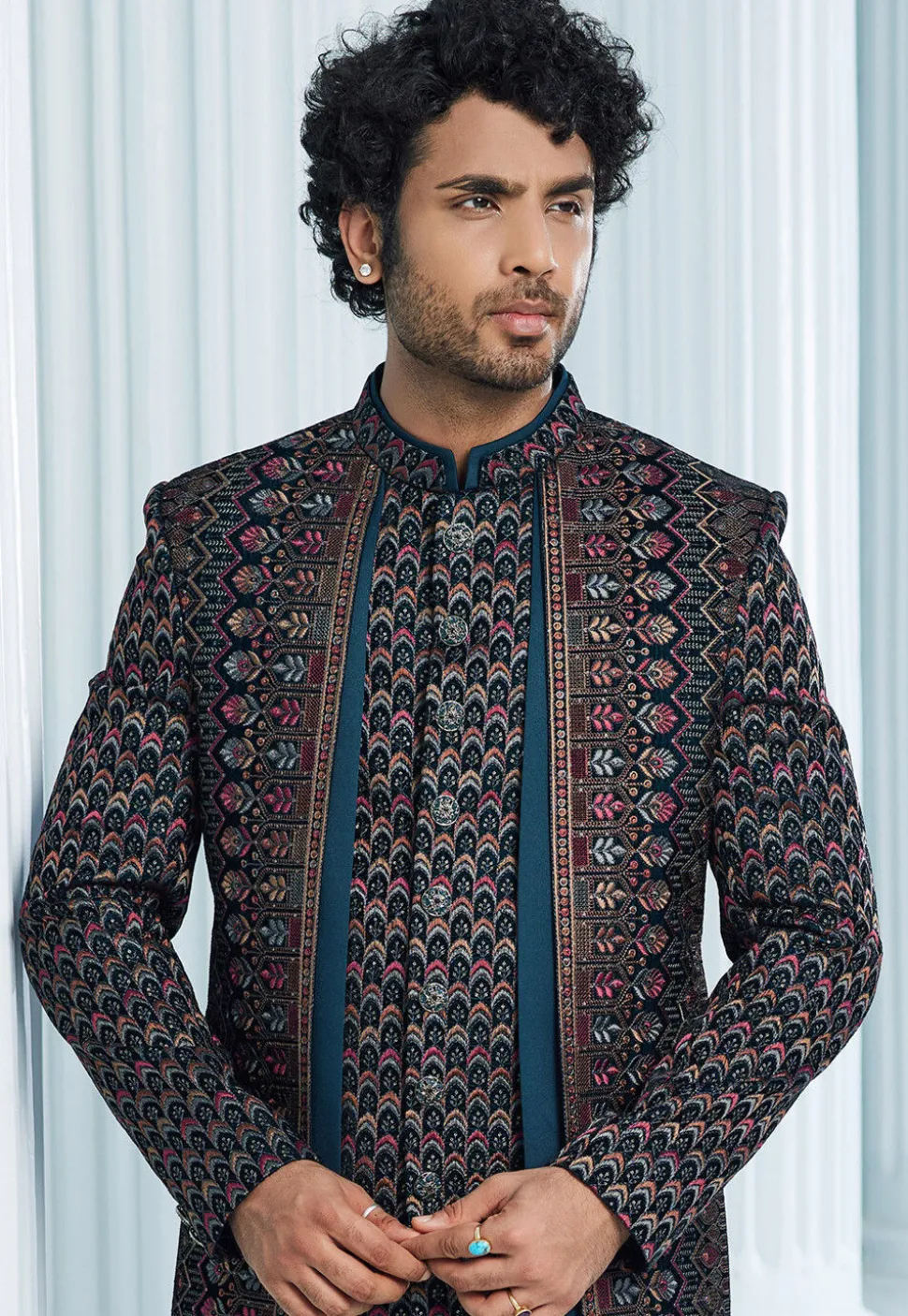 Embroidered Velvet Jacket Style Sherwani in Teal Blue