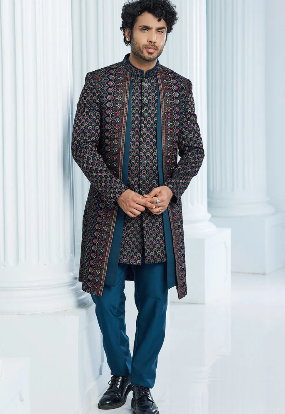 Embroidered Velvet Jacket Style Sherwani in Teal Blue