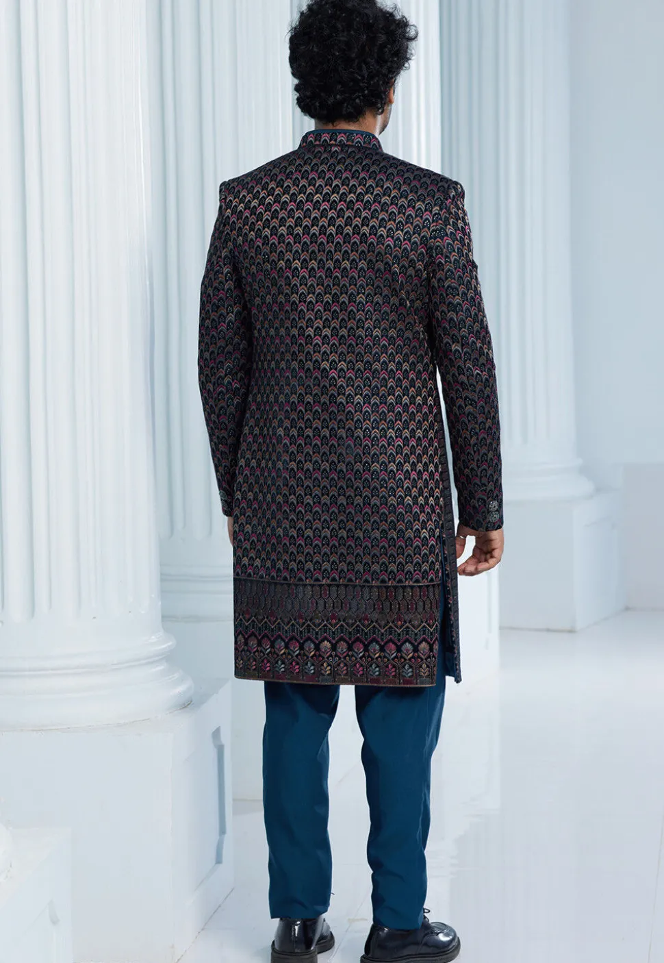 Embroidered Velvet Jacket Style Sherwani in Teal Blue
