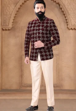 Embroidered Velvet Jodhpuri Suit in Maroon