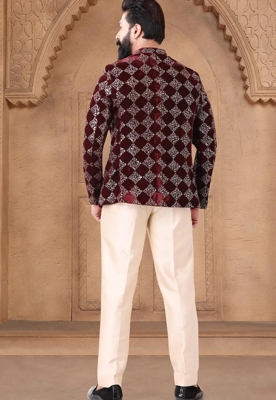 Embroidered Velvet Jodhpuri Suit in Maroon