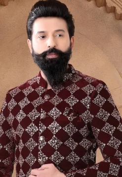 Embroidered Velvet Jodhpuri Suit in Maroon