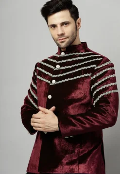 Embroidered Velvet Jodhpuri Jacket in Wine