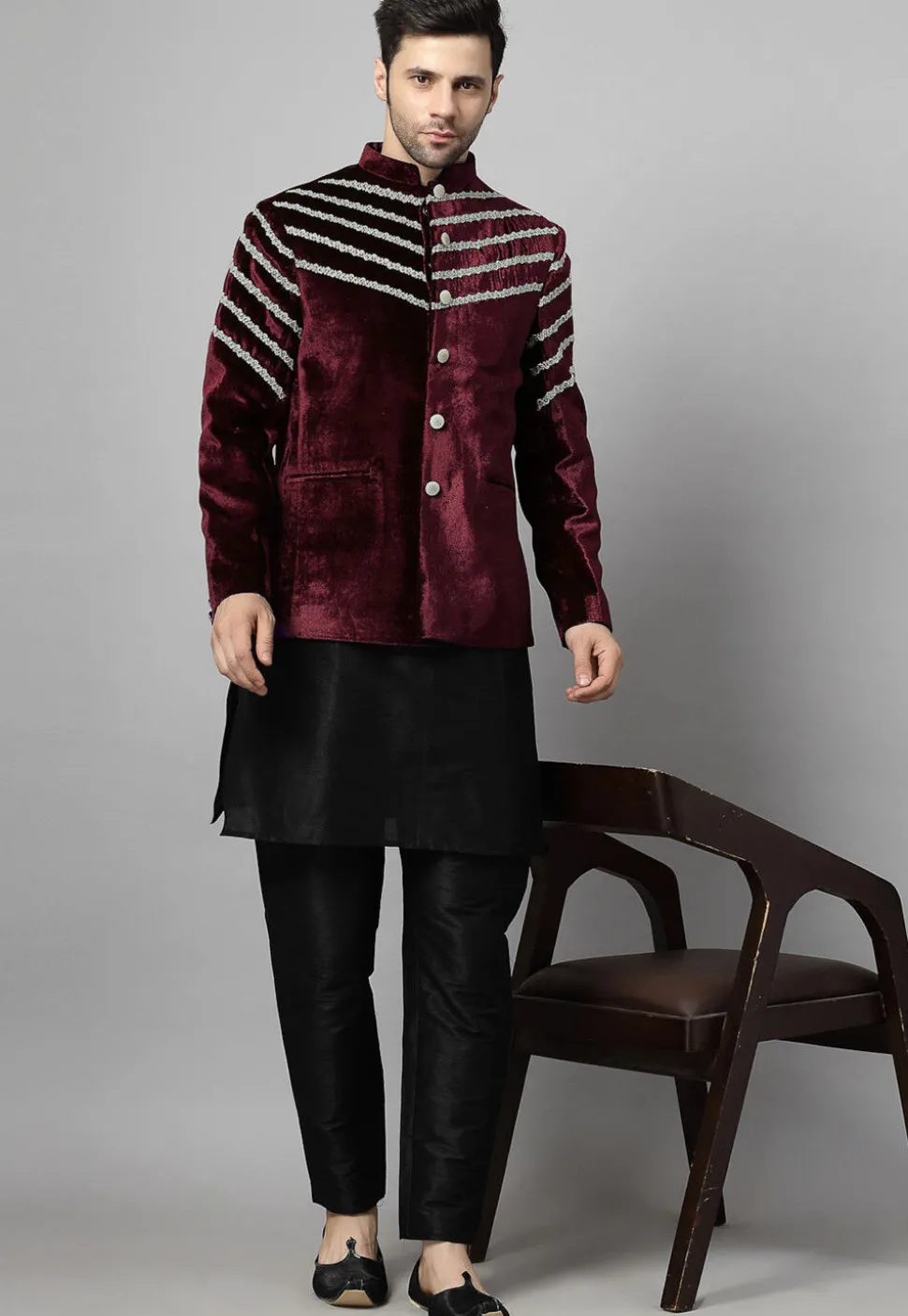 Embroidered Velvet Jodhpuri Jacket in Wine