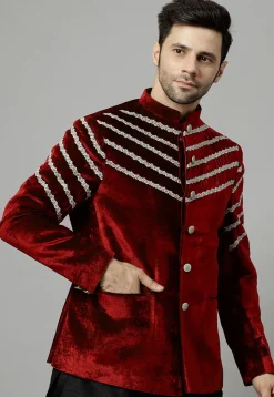 Embroidered Velvet Jodhpuri Jacket in Maroon