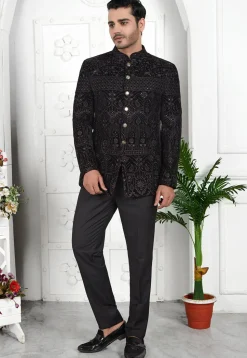 Embroidered Velvet Jodhpuri Jacket in Black
