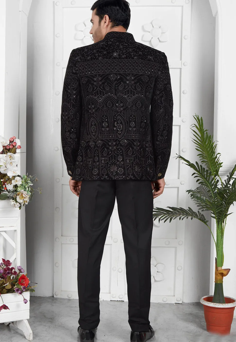 Embroidered Velvet Jodhpuri Jacket in Black