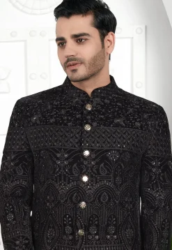 Embroidered Velvet Jodhpuri Jacket in Black