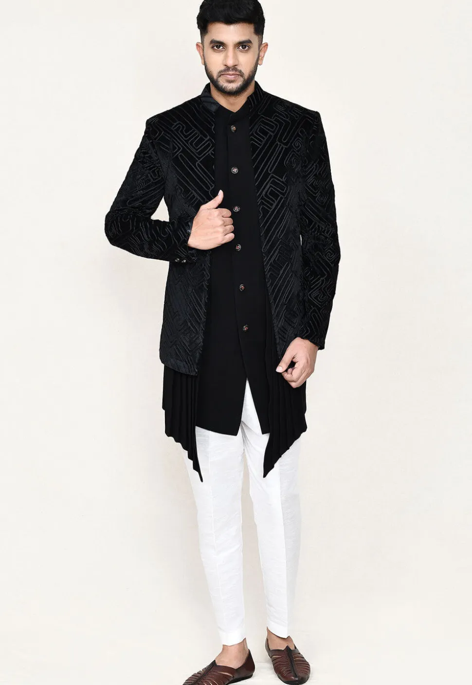 Embroidered Velvet Jodhpuri Suit in Black