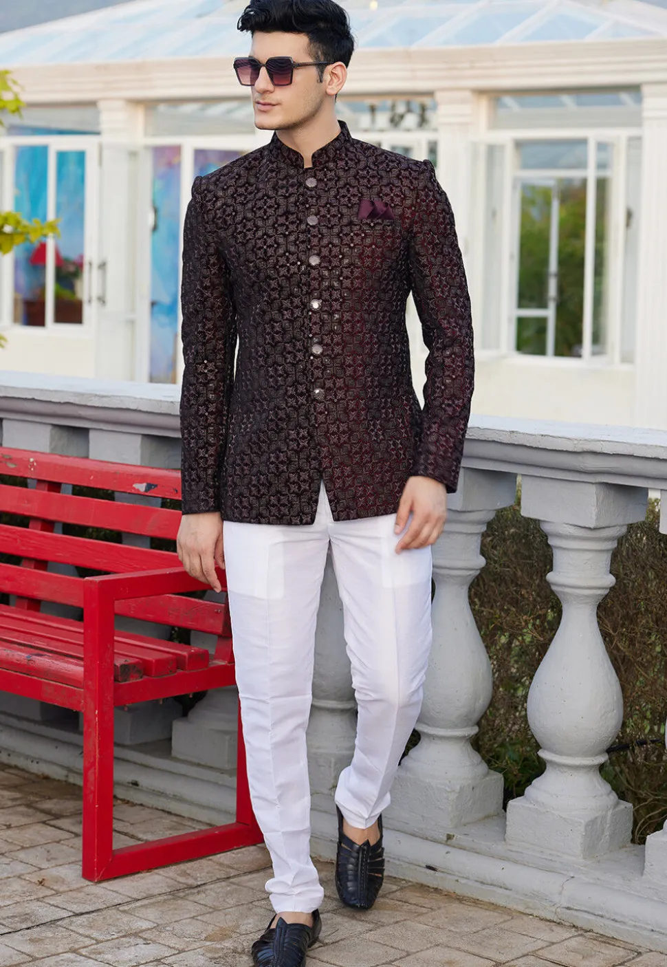 Embroidered Velvet Jodhpuri Suit in Wine