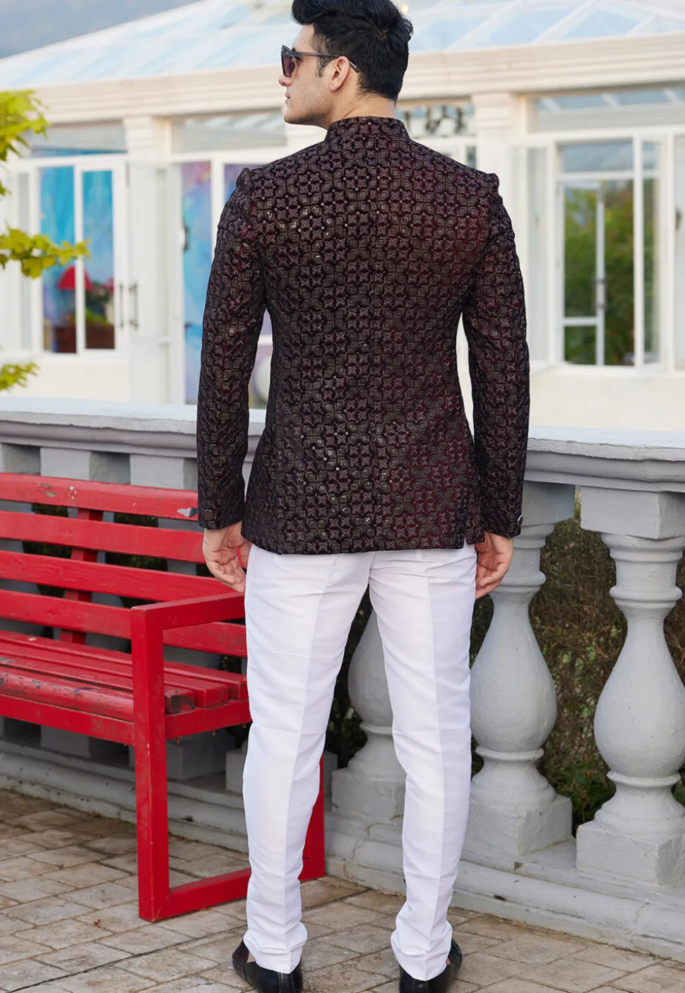 Embroidered Velvet Jodhpuri Suit in Wine