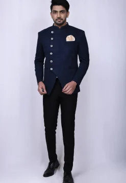 Embroidered Velvet Jodhpuri Suit in Navy Blue