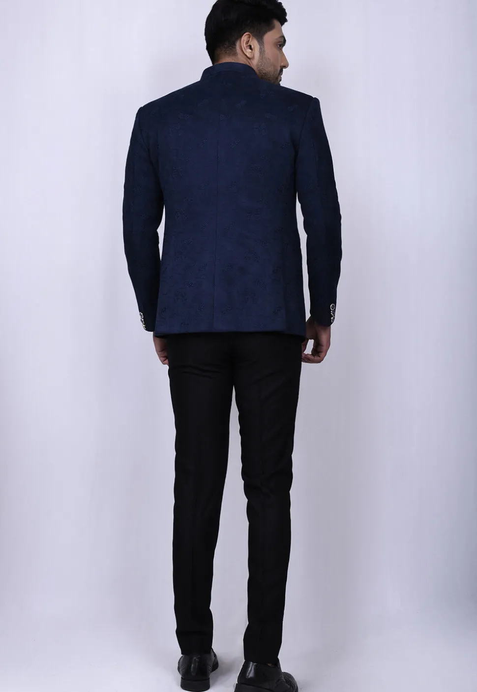 Embroidered Velvet Jodhpuri Suit in Navy Blue