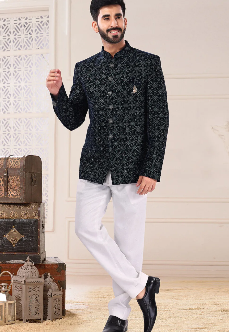 Embroidered Velvet Jodhpuri Suit in Black