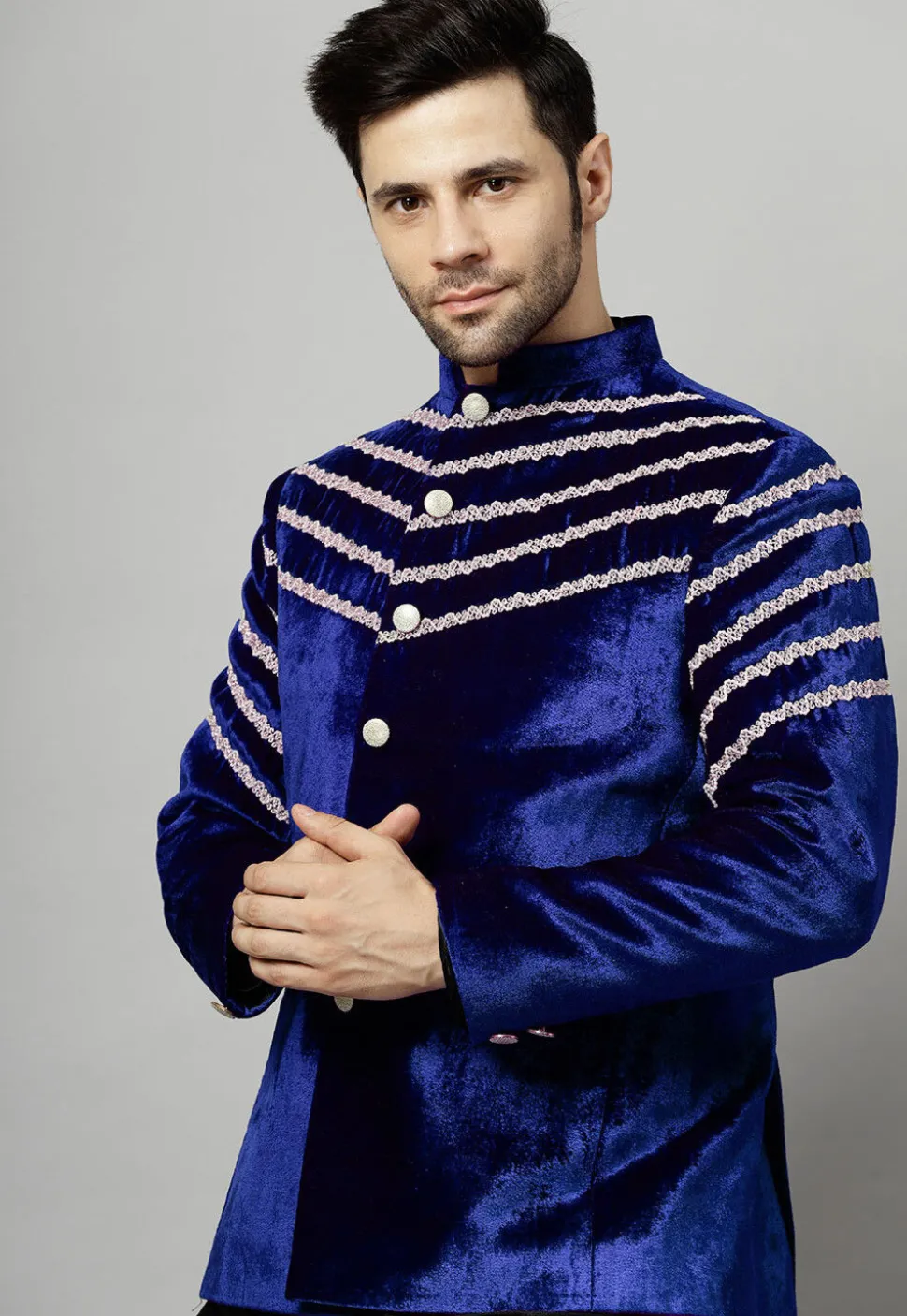 Embroidered Velvet Jodhpuri Jacket in Royal Blue
