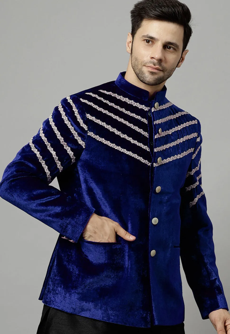 Embroidered Velvet Jodhpuri Jacket in Royal Blue