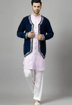 Embroidered Velvet Jodhpuri Suit in Navy Blue and Light Purple