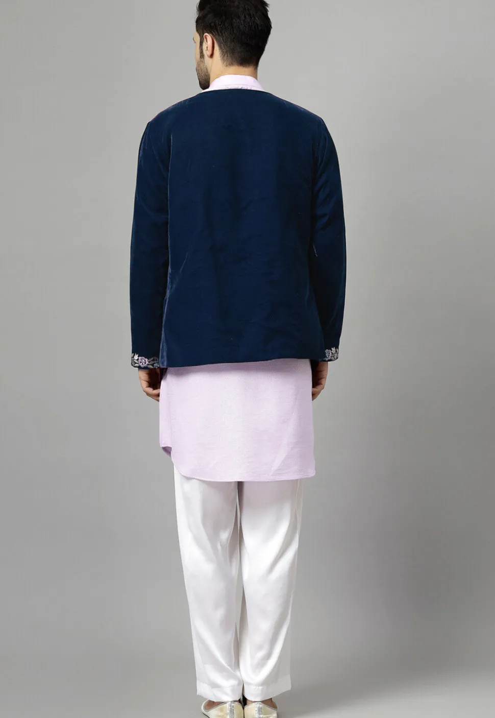Embroidered Velvet Jodhpuri Suit in Navy Blue and Light Purple