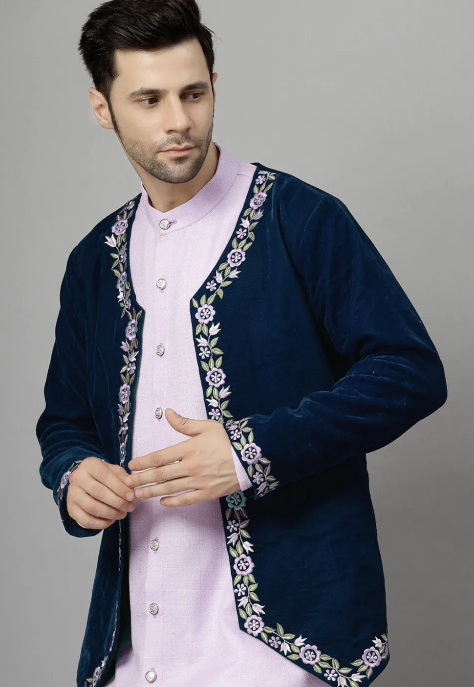 Embroidered Velvet Jodhpuri Suit in Navy Blue and Light Purple