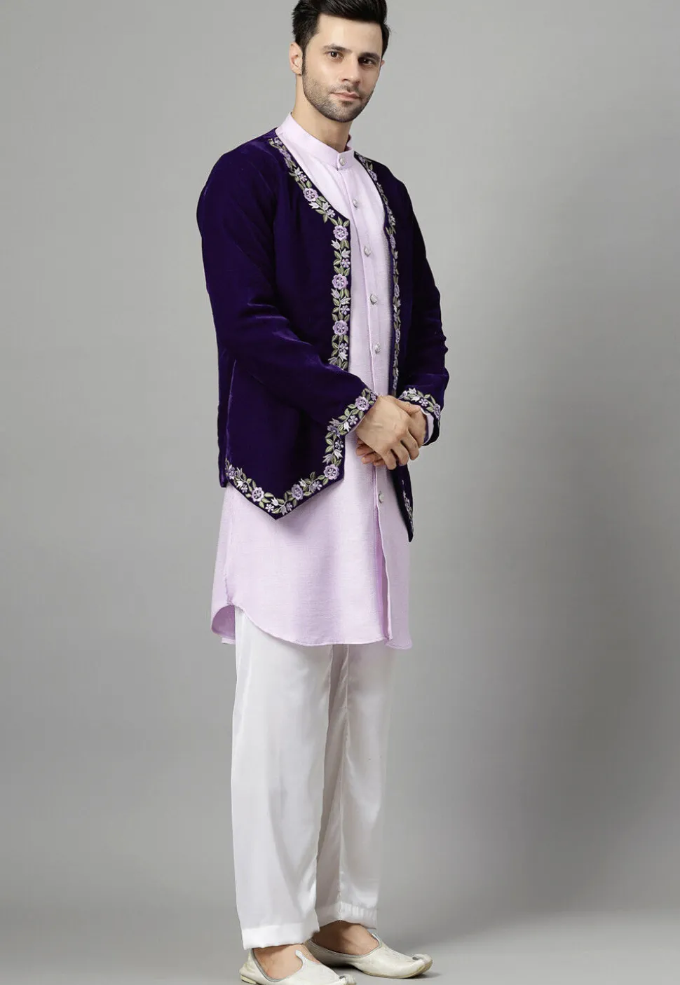 Embroidered Velvet Jodhpuri Suit in Dark Purple and Light Purple
