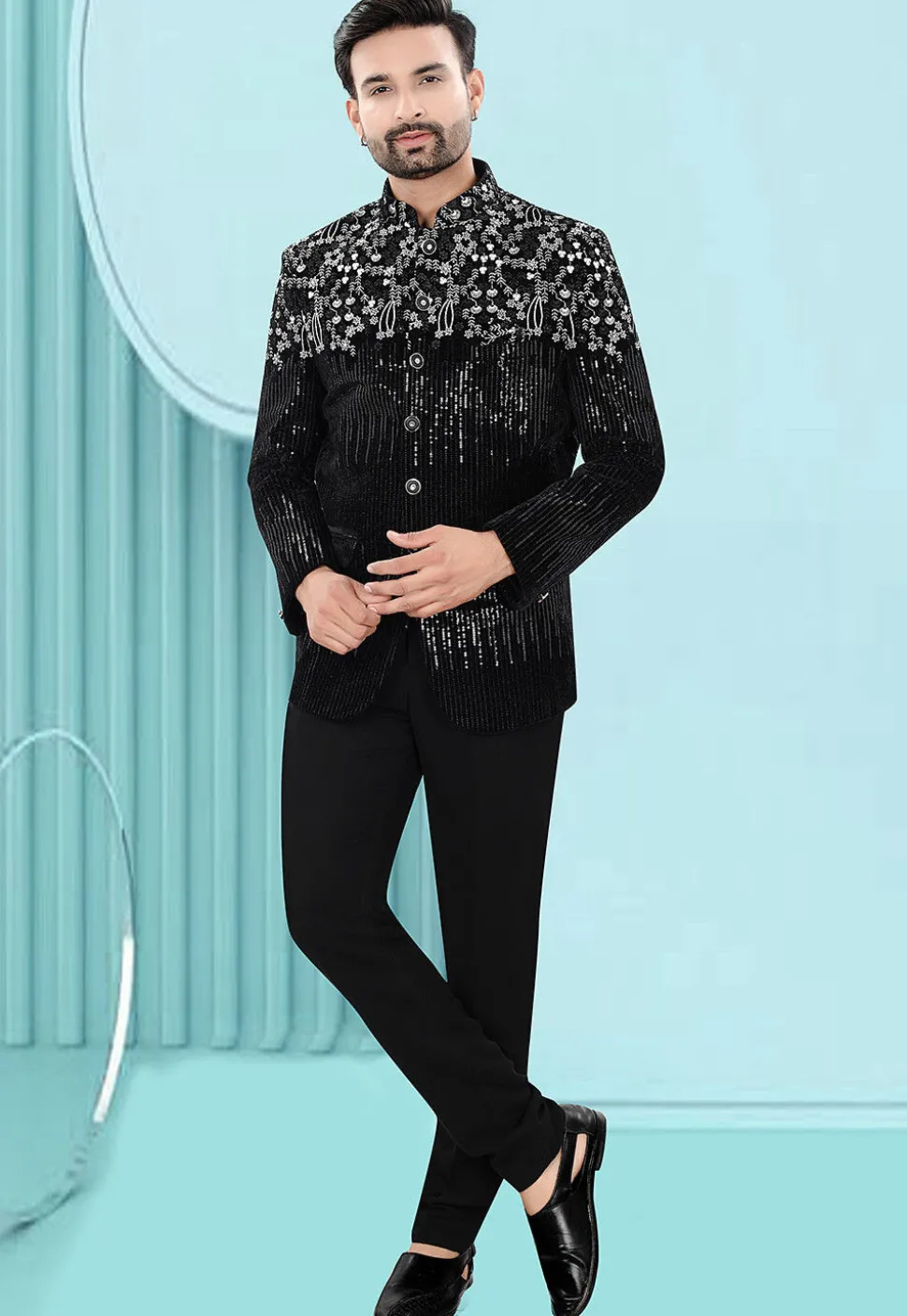 Embroidered Velvet Jodhpuri Jacket in Black