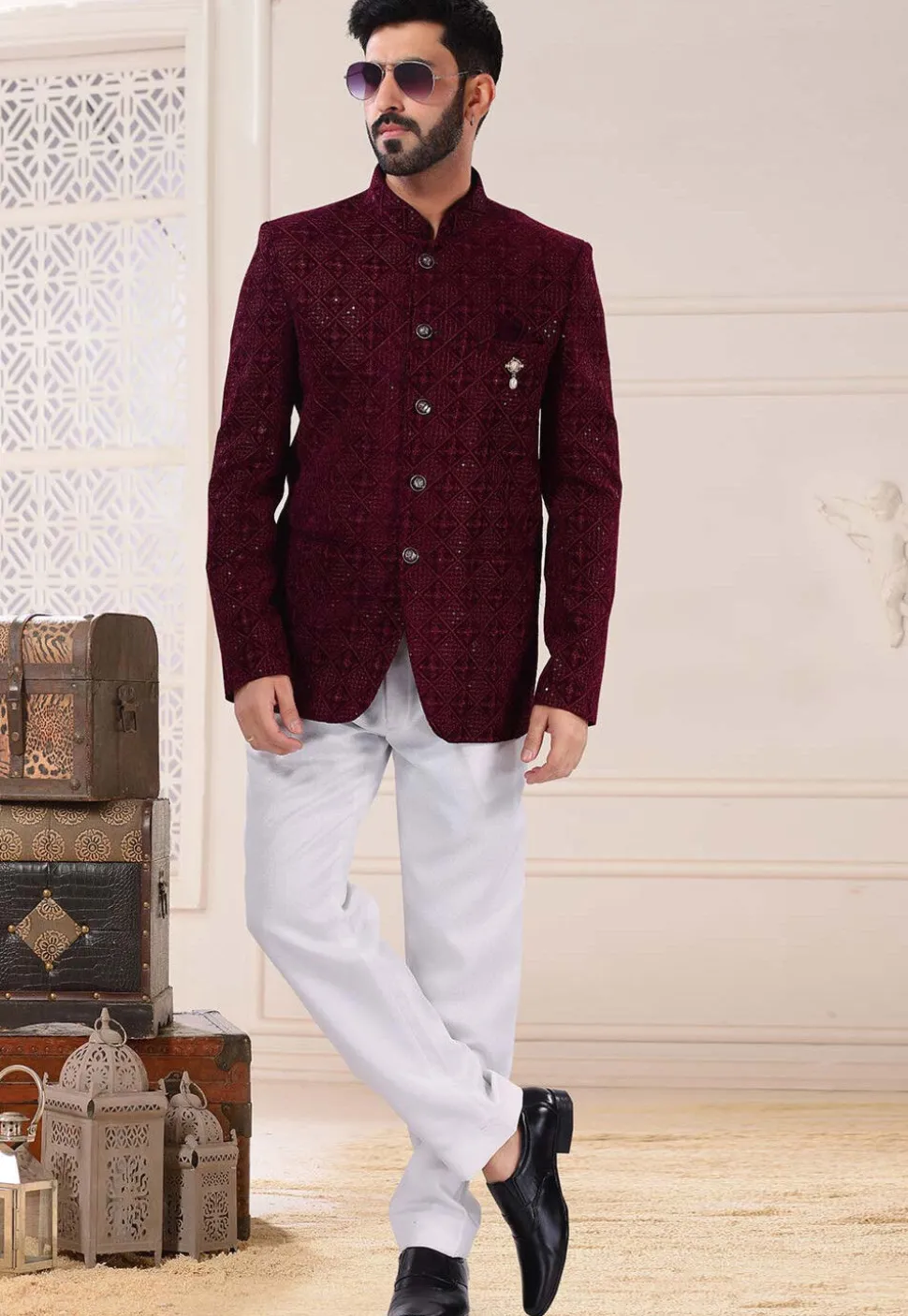 Embroidered Velvet Jodhpuri Suit in Wine