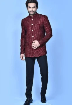Embroidered Velvet Jodhpuri Suit in Maroon
