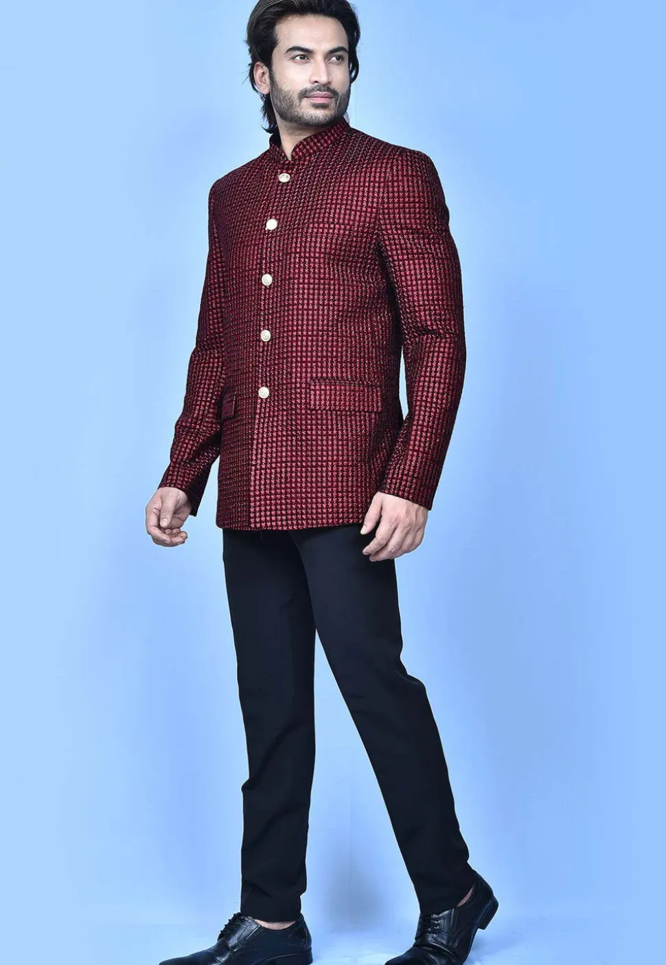 Embroidered Velvet Jodhpuri Suit in Maroon