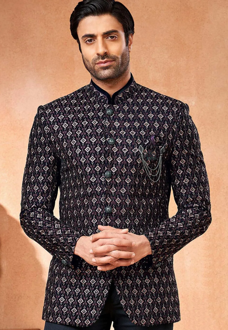 Embroidered Velvet Jodhpuri Jacket in Navy Blue