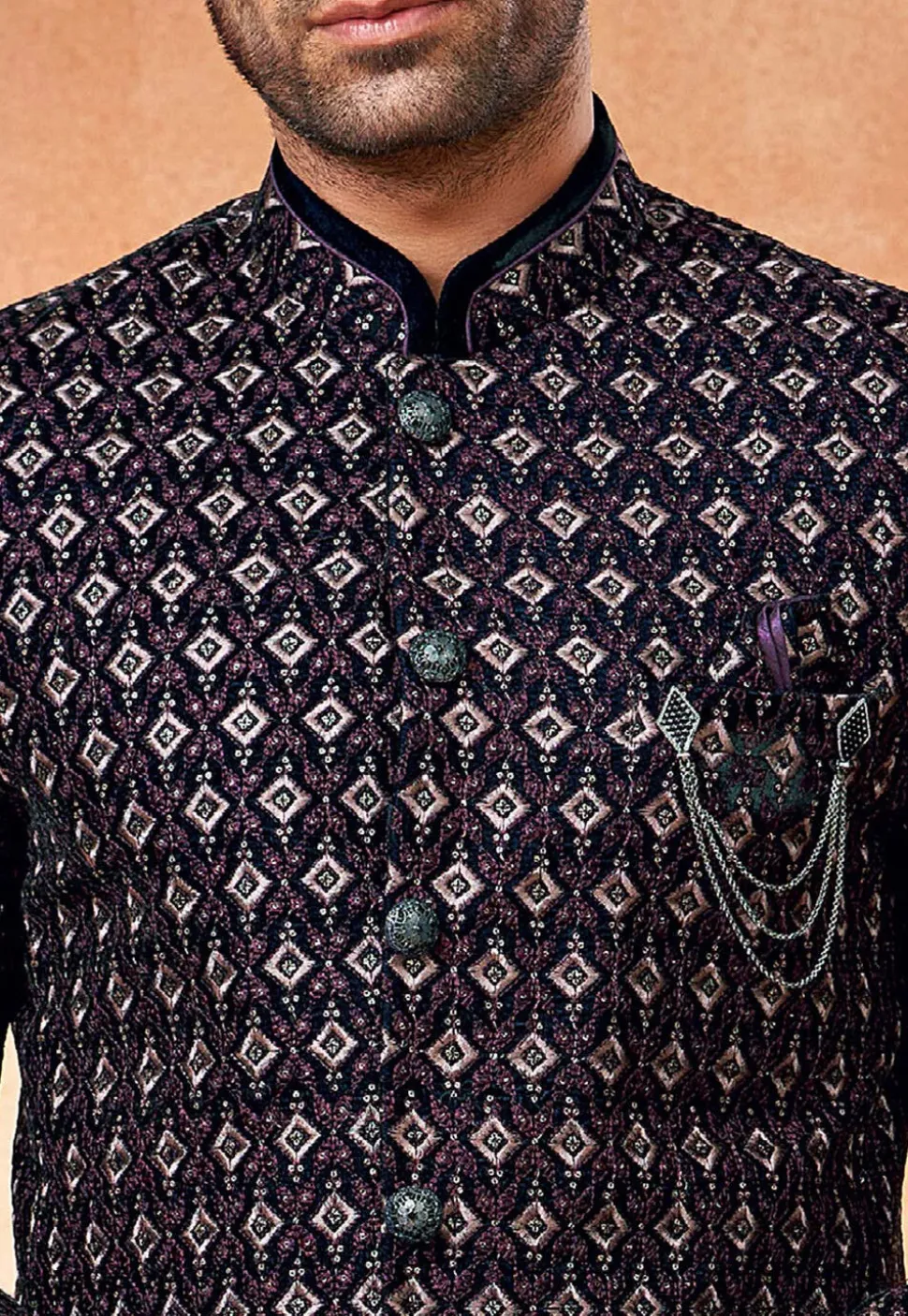 Embroidered Velvet Jodhpuri Jacket in Navy Blue
