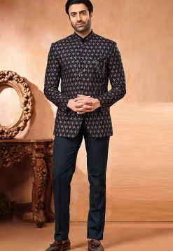 Embroidered Velvet Jodhpuri Jacket in Navy Blue