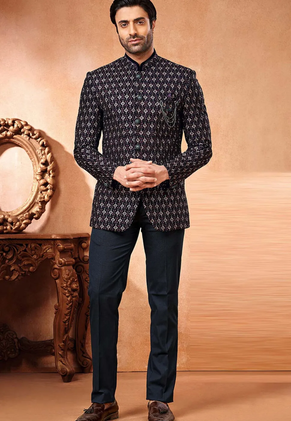 Embroidered Velvet Jodhpuri Jacket in Navy Blue