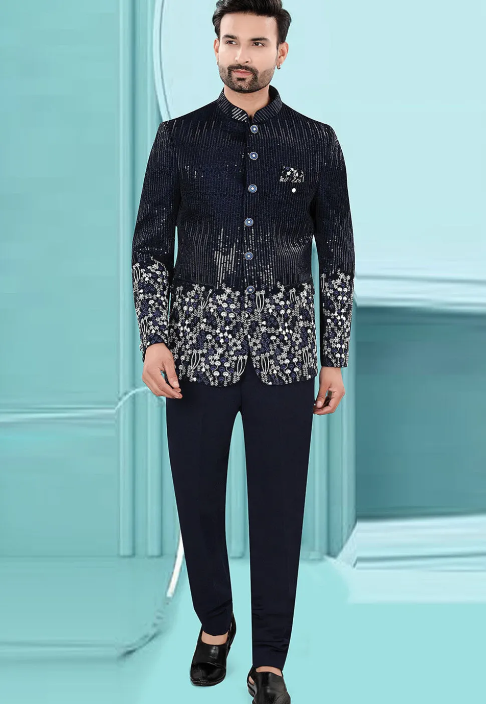 Embroidered Velvet Jodhpuri Suit in Navy Blue