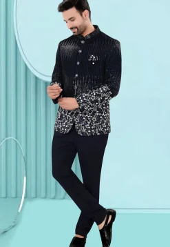 Embroidered Velvet Jodhpuri Suit in Navy Blue