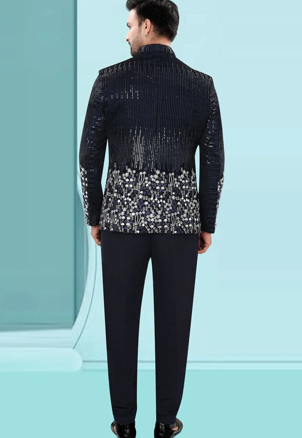 Embroidered Velvet Jodhpuri Suit in Navy Blue