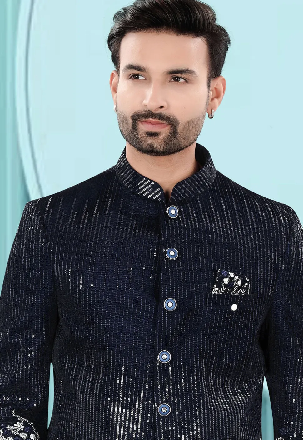 Embroidered Velvet Jodhpuri Suit in Navy Blue