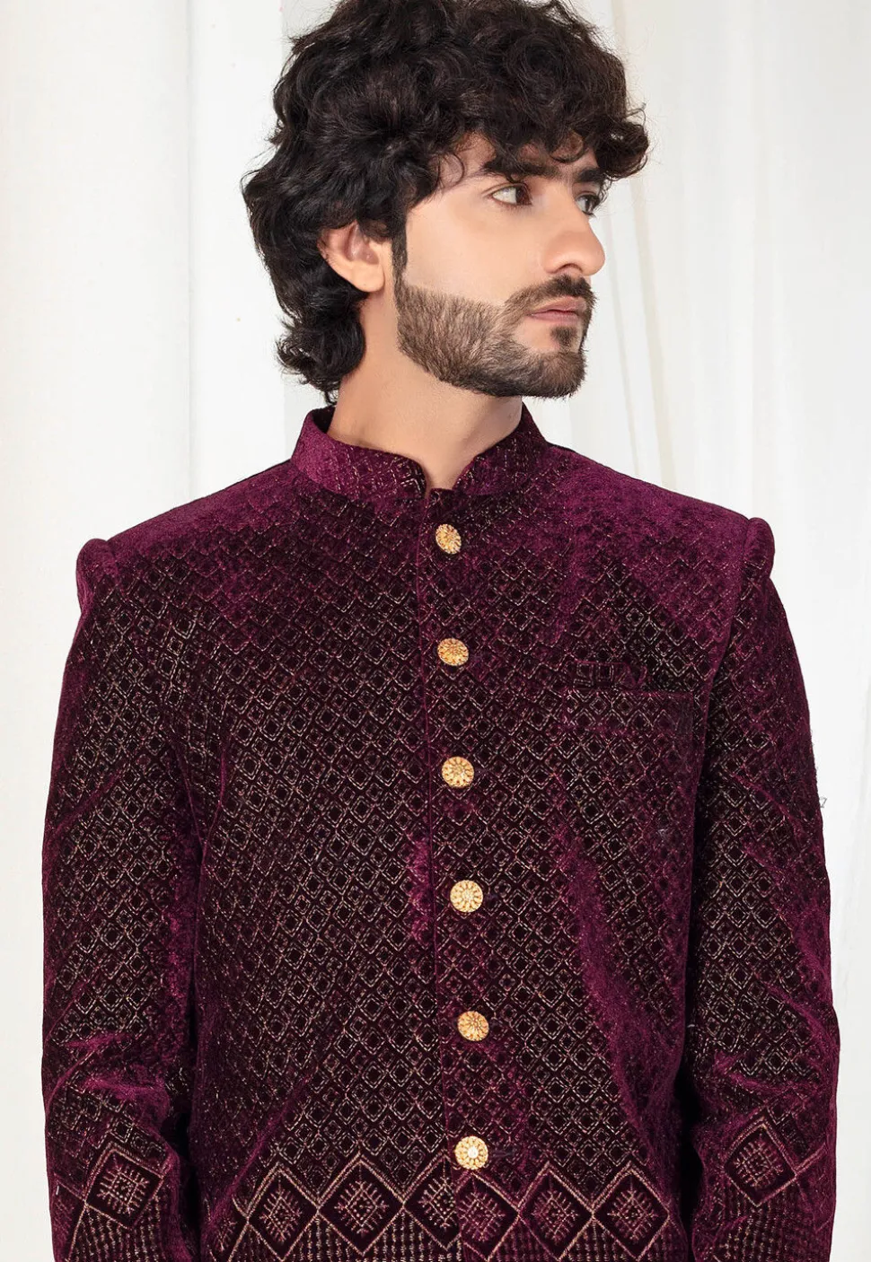 Embroidered Velvet Jodhpuri Suit in Wine