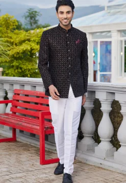 Embroidered Velvet Jodhpuri Suit in Black