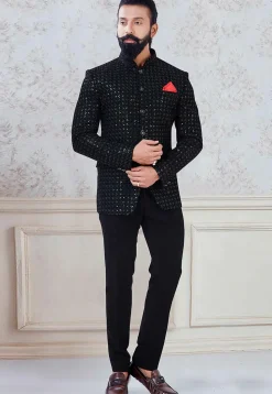 Embroidered Velvet Jodhpuri Suit in Black