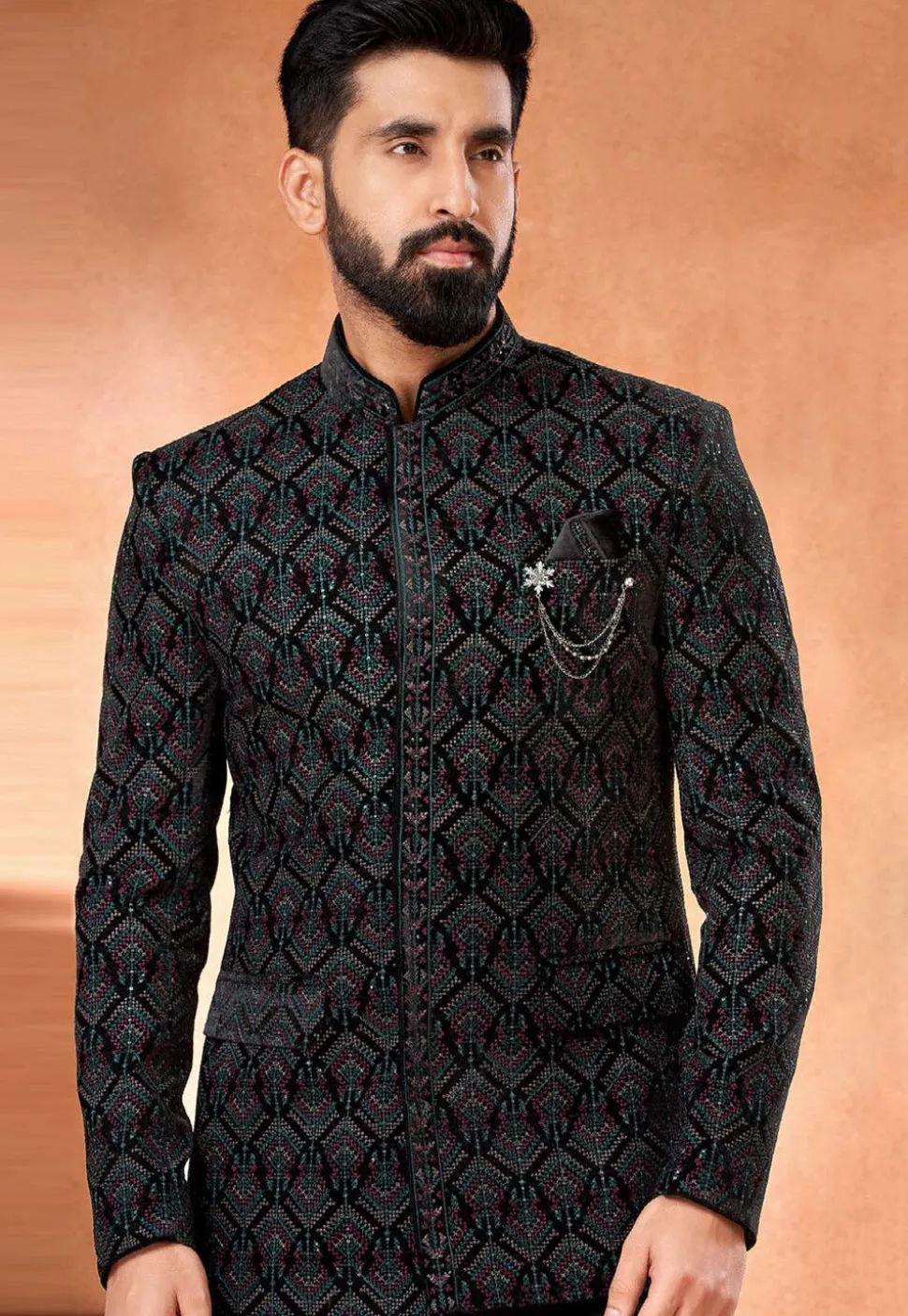 Embroidered Velvet Jodhpuri Jacket in Black