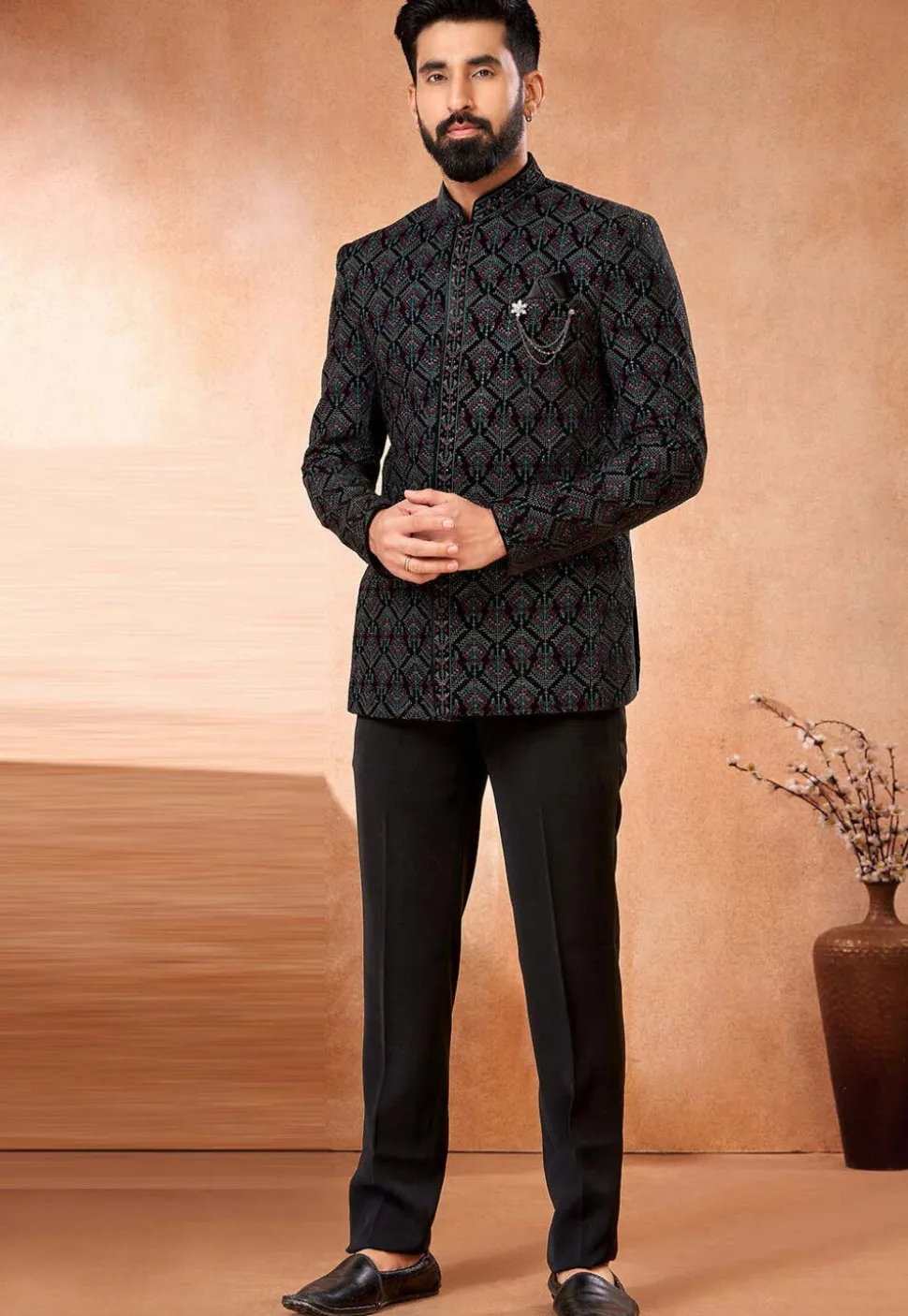 Embroidered Velvet Jodhpuri Jacket in Black