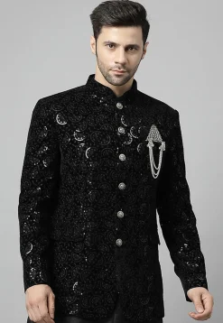 Embroidered Velvet Jodhpuri Jacket in Black