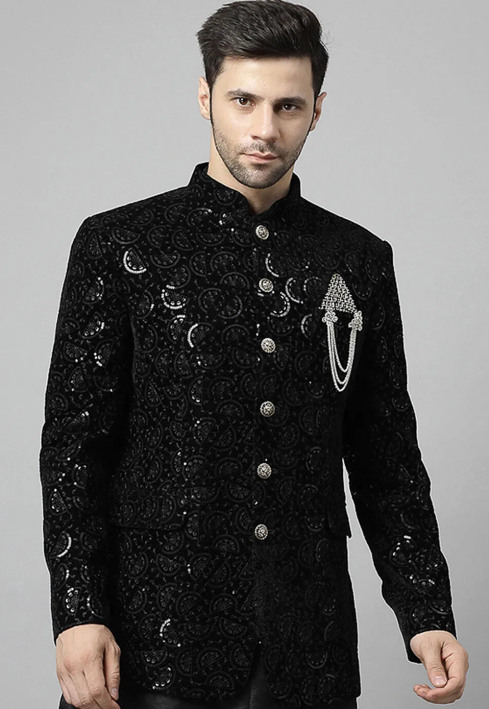 Embroidered Velvet Jodhpuri Jacket in Black