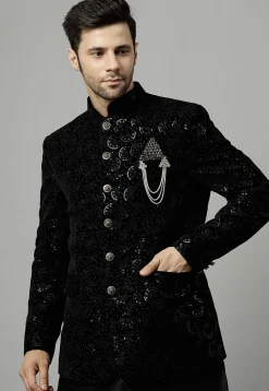 Embroidered Velvet Jodhpuri Jacket in Black