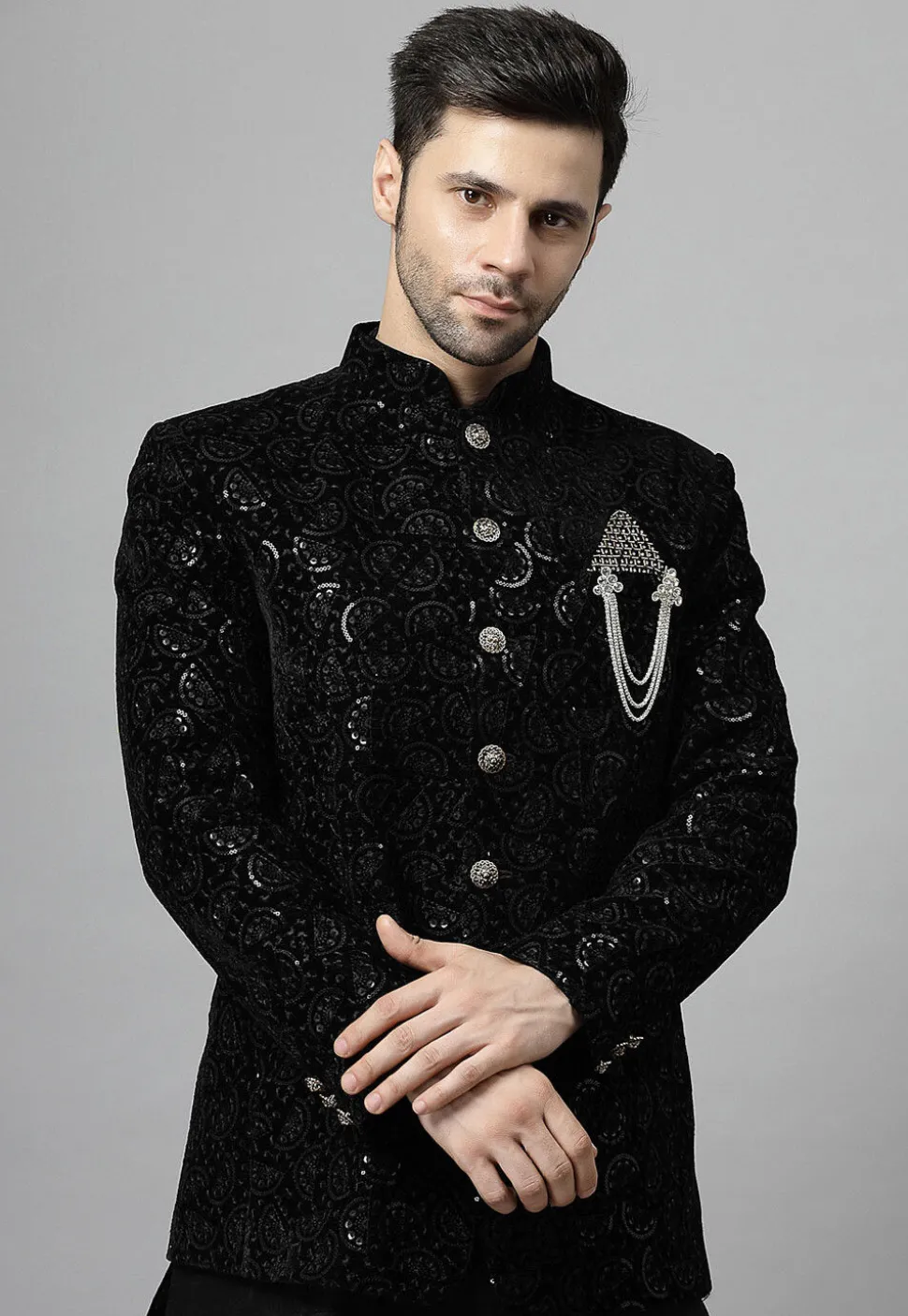 Embroidered Velvet Jodhpuri Jacket in Black