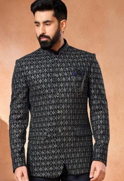 Embroidered Velvet Jodhpuri Jacket in Navy Blue